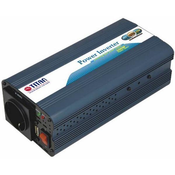 TITAN muuntaja 12V DC > 230V AC USB banaaniliitin 300W